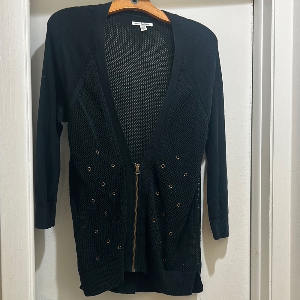 American Eagle Black Knit Cardigan with V-Neck and Zipper